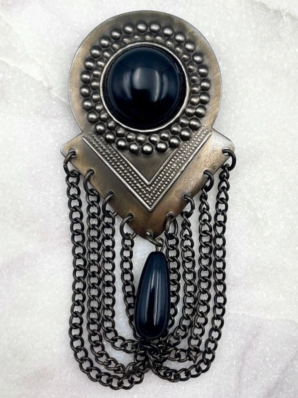 Vintage 80s Art Deco Revival Black Cabochon Antiqued Silver Chain Fringe Brooch